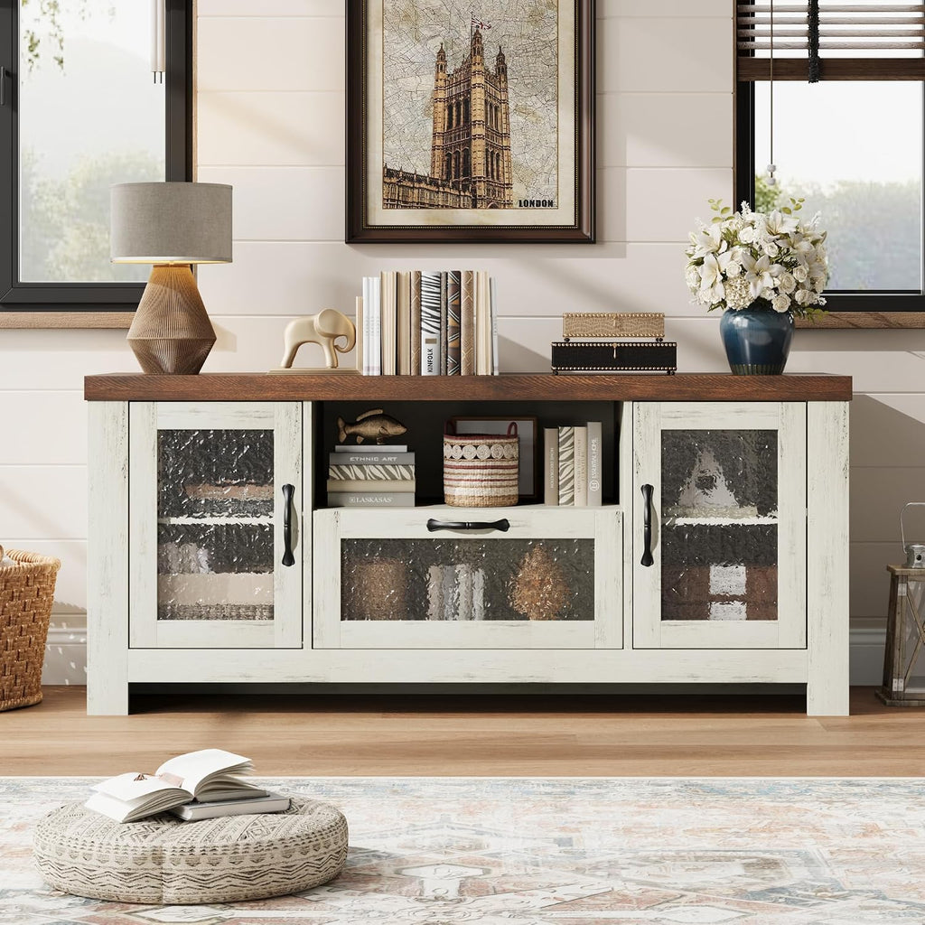 IDEALHOUSE TV Stand for 65 Inch TV, Farmhouse Entertainment Center with Acrylic Door Storage Cabinet & Adjustable Shelves, TV Console Table for Living Room Bedroom, White & Brown