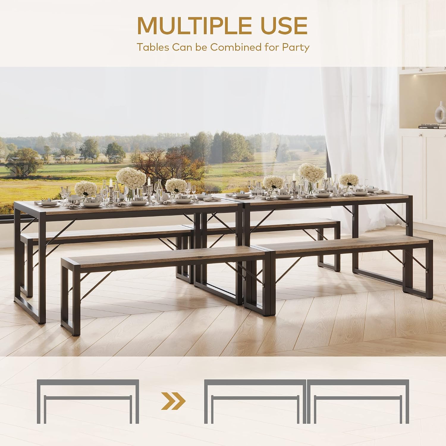 Gizoon 45.5' Dining Table Set for 4 with 2 Benches, Kitchen Table Set with Metal Frame & MDF Board, Space-Saving Dinette for Kitchen, Dining Room -Grey