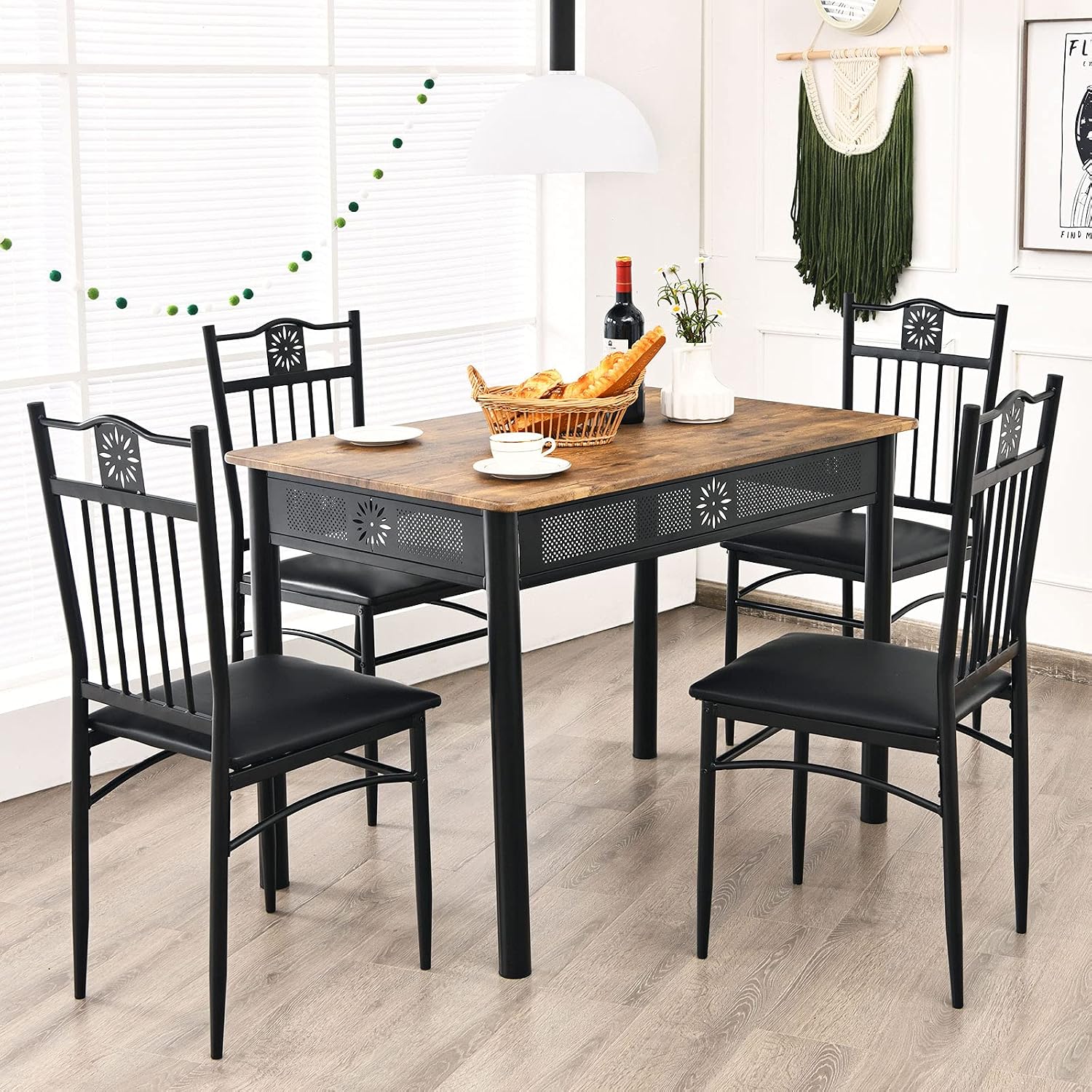 Tangkula 5 Pieces Dining Table and Chairs Set, Vintage Retro Wood Top Metal Frame Padded Seat Dining Table Set Home Kitchen Dining Room Furniture
