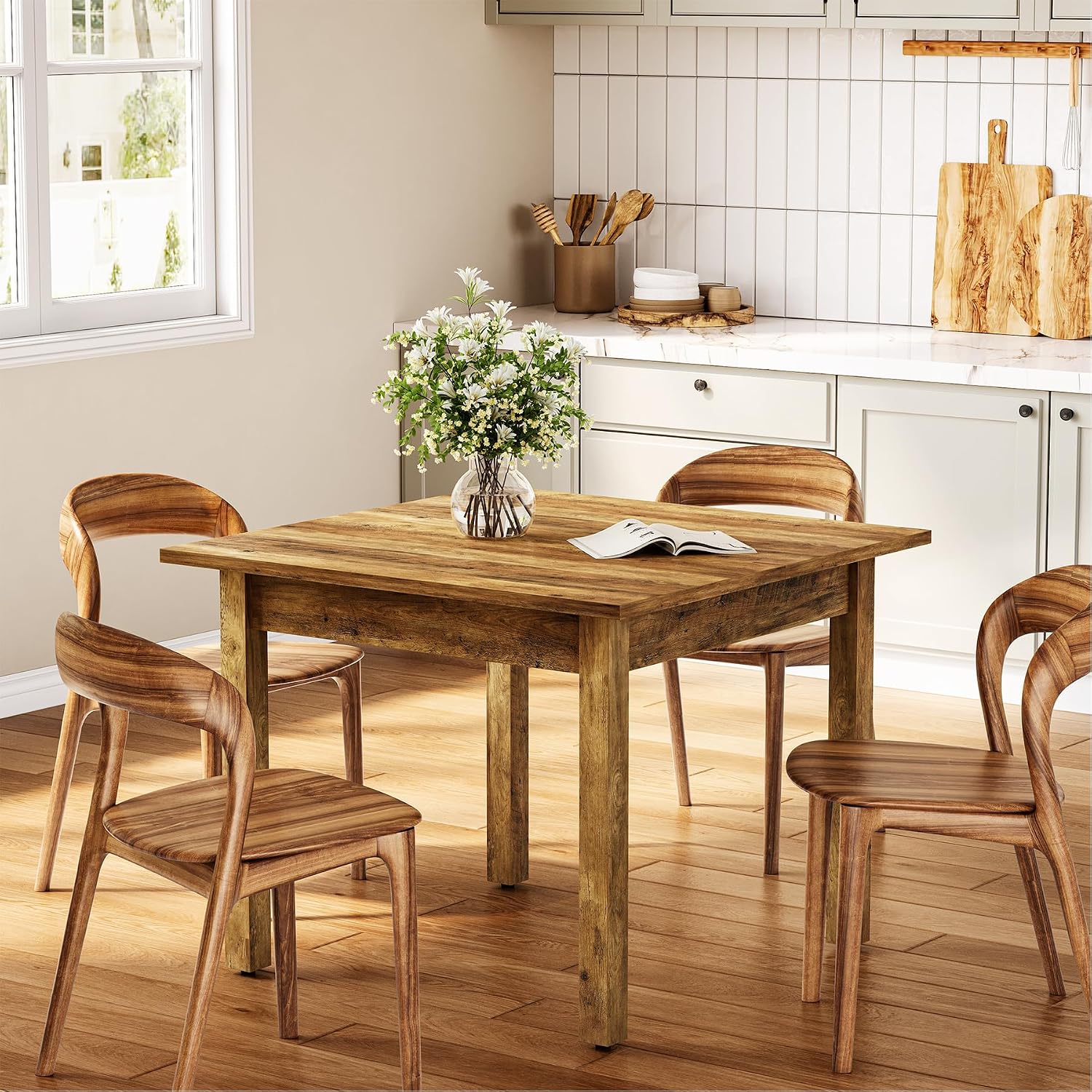 LITTLE TREE 39 Inches Square Dining Table for 4 People, Industrial Wooden Kitchen Table Small Dinner Table, Modern Dining Room Tables for Living Room, Kitchen, Rustic Brown