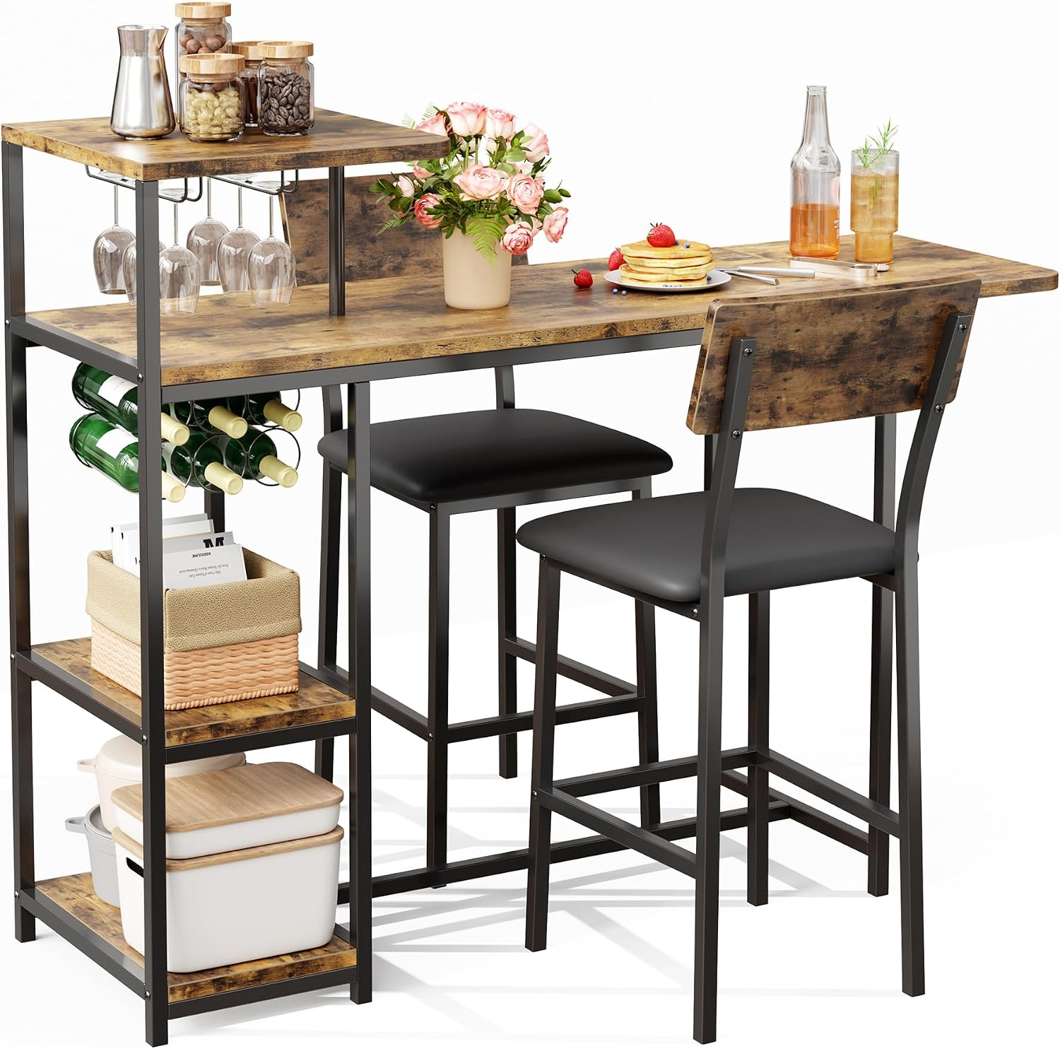 Garvee Dining Table Set for 2, 3-Piece Expandable Bar Table and Chairs Set, with Storage Shelves and Wine Rack, Small Kitchen Dining Set for Living Room, Apartment