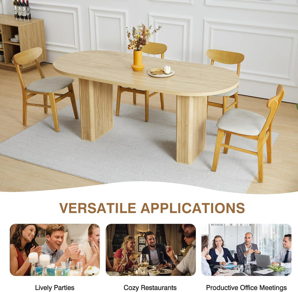 70.8 Inch Kitchen Dining Table for 4-6 People, Oval Kitchen Table with Wood Strip Base, Modern Farmhouse Large Round Dining Room Tables for Living Room (Natural)