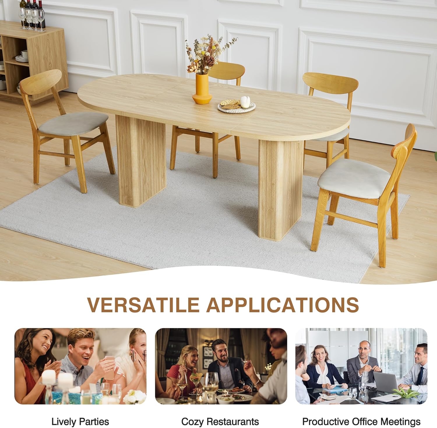 70.8 Inch Kitchen Dining Table for 4-6 People, Oval Kitchen Table with Wood Strip Base, Modern Farmhouse Large Round Dining Room Tables for Living Room (Natural)