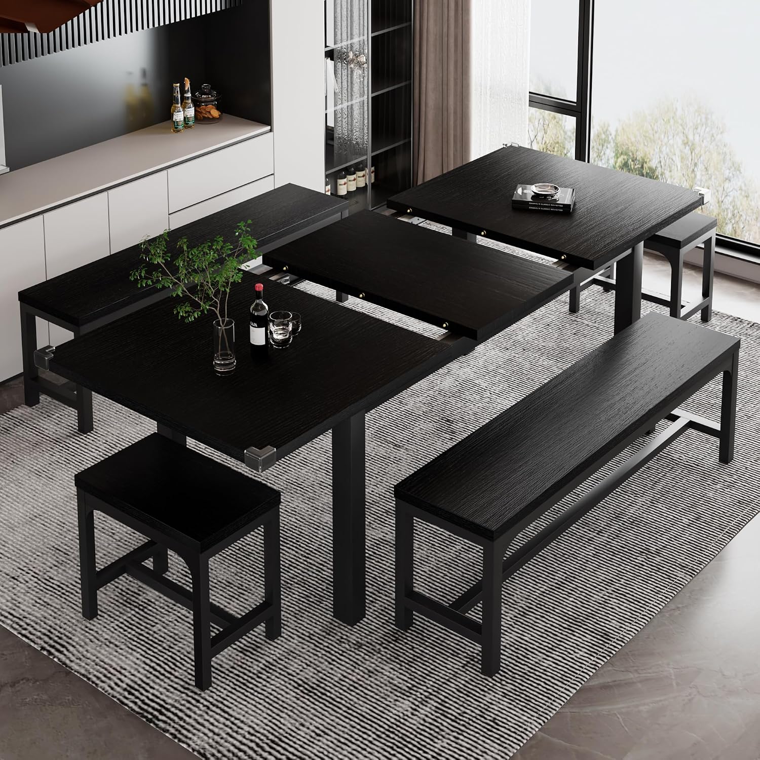 iPormis 5-Piece Dining Table Set for 4-8 People, Extendable Kitchen Table Set with 2 Benches and 2 Square Stools, Mid-Century Dining Room Table with Metal Frame & MDF Board, Saving Space, Black