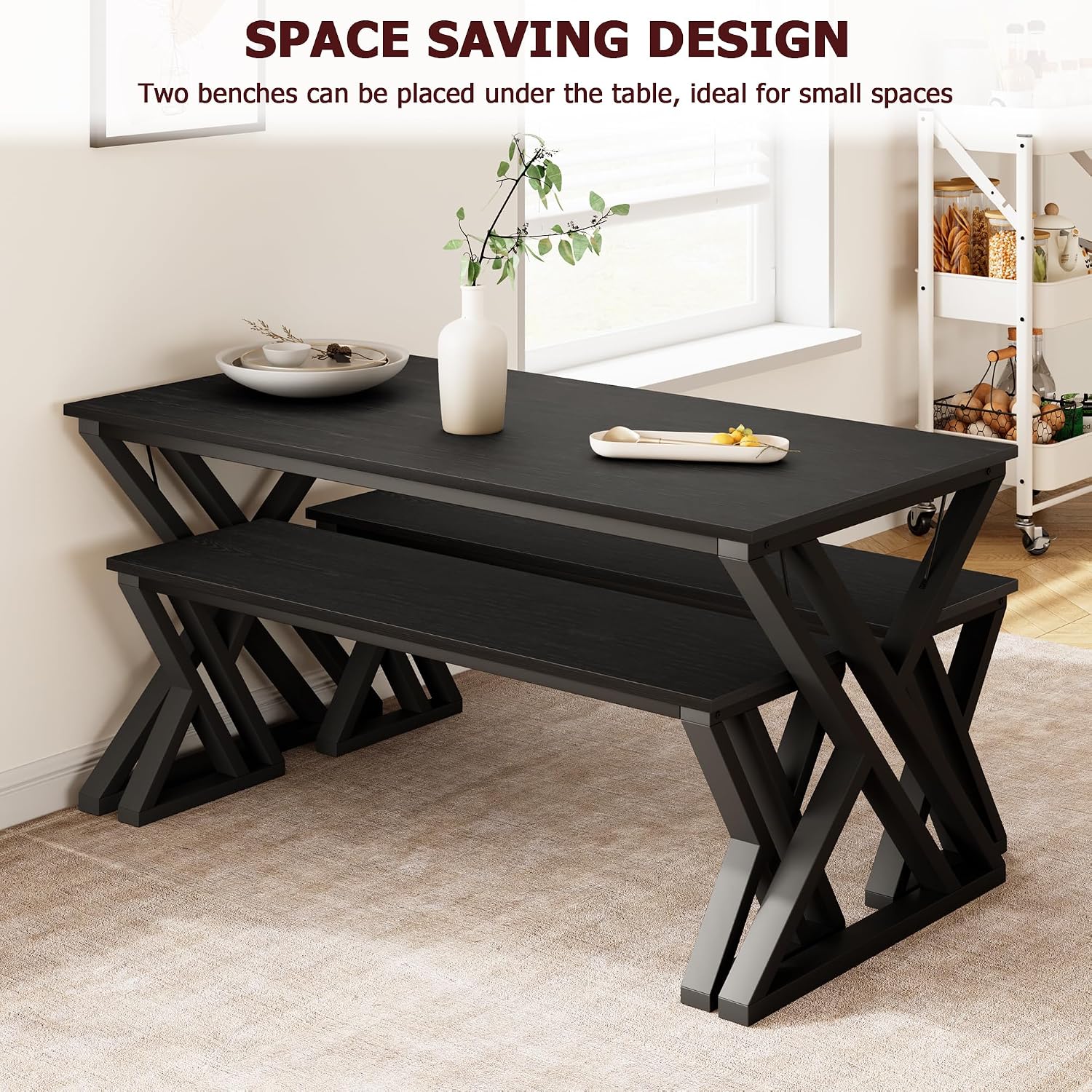 GarveeHome 55' Kitchen Table with 2 Benches, Dining Table Set for 4, Saving Space Dining Room Table Set for Kitchen, Dining Room, Apartment, Sturdy Metal Frame, Black