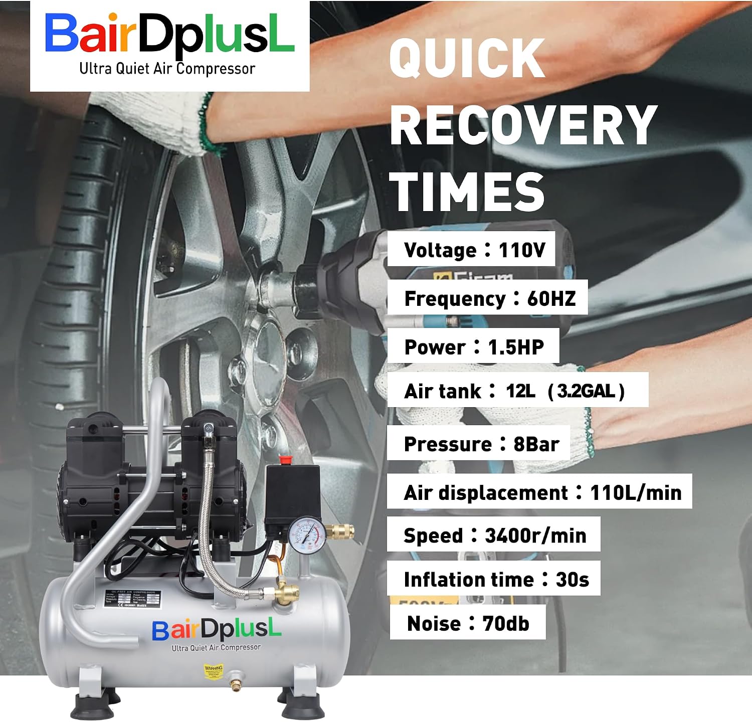 BairDplusL 3.2 Gallon Ultra Quiet Air Compressor 110V/60Hz 1.5HP 8.8CFM, MAX 115PSI Steel Tanks Oil-Free 70dB Noise Level Light & Quiet Portable Air Compressor for Auto Repair Spray Painting