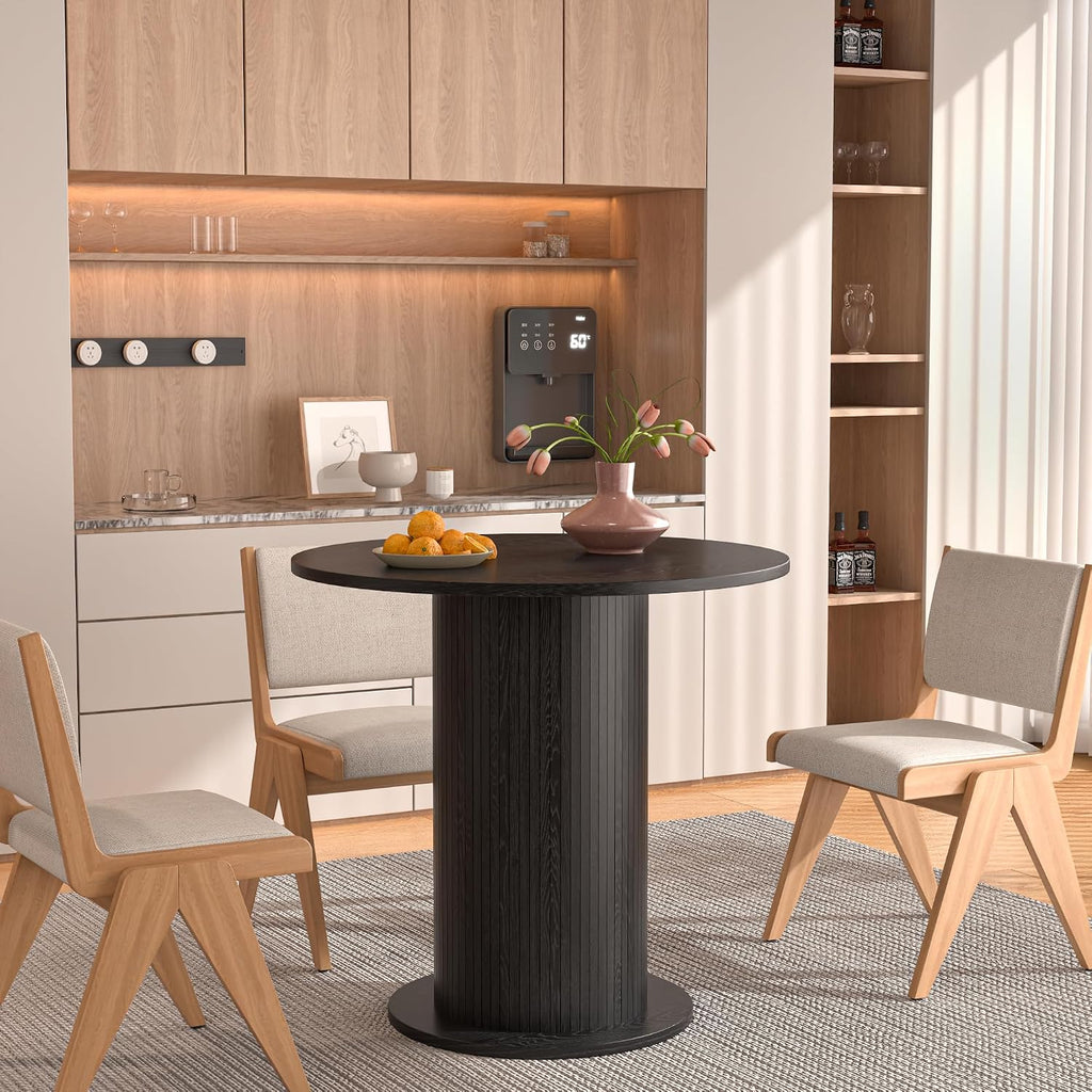 31.5 inch Round Dining Table for 2, Modern Farmhouse Kitchen Table, Small Circle Dining Tables with Wood Strip Base for Kitchen Living Room (Black)