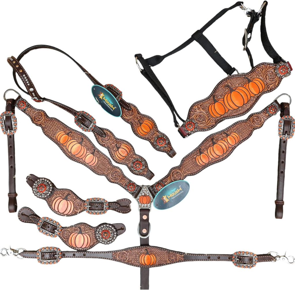 Spooky Western Leather Horse Tack Set - Hand Painted Halloween Pumpkin Headstall & Breast Collar with Floral Tooling, Rhinestones, and Window Carving