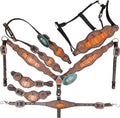 Spooky Western Leather Horse Tack Set - Hand Painted Halloween Pumpkin Headstall & Breast Collar with Floral Tooling, Rhinestones, and Window Carving