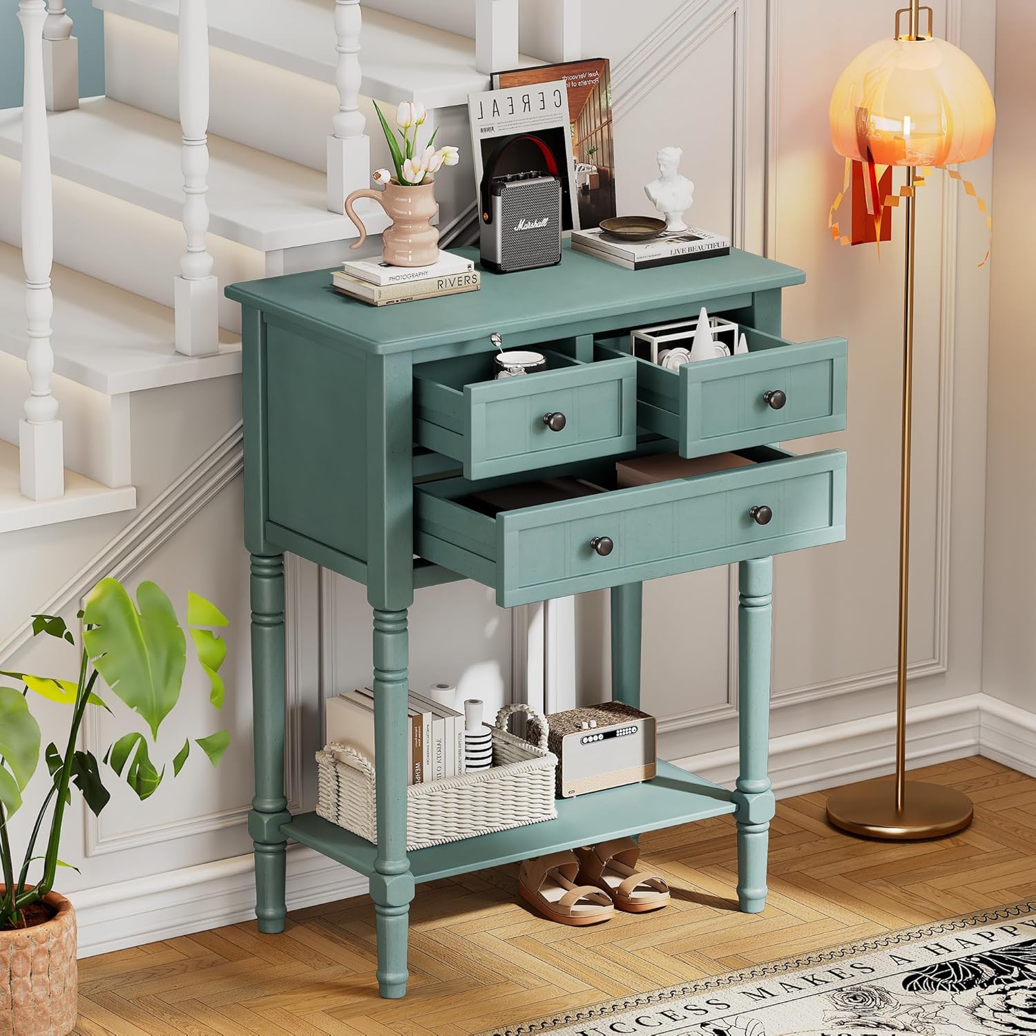 LKTART Solid Wood Sofa Table,Console Table with Drawers and Bottom Shelf, Entryway Hallway Foyer Entry Table for Living Room(23.7' Light Blue)