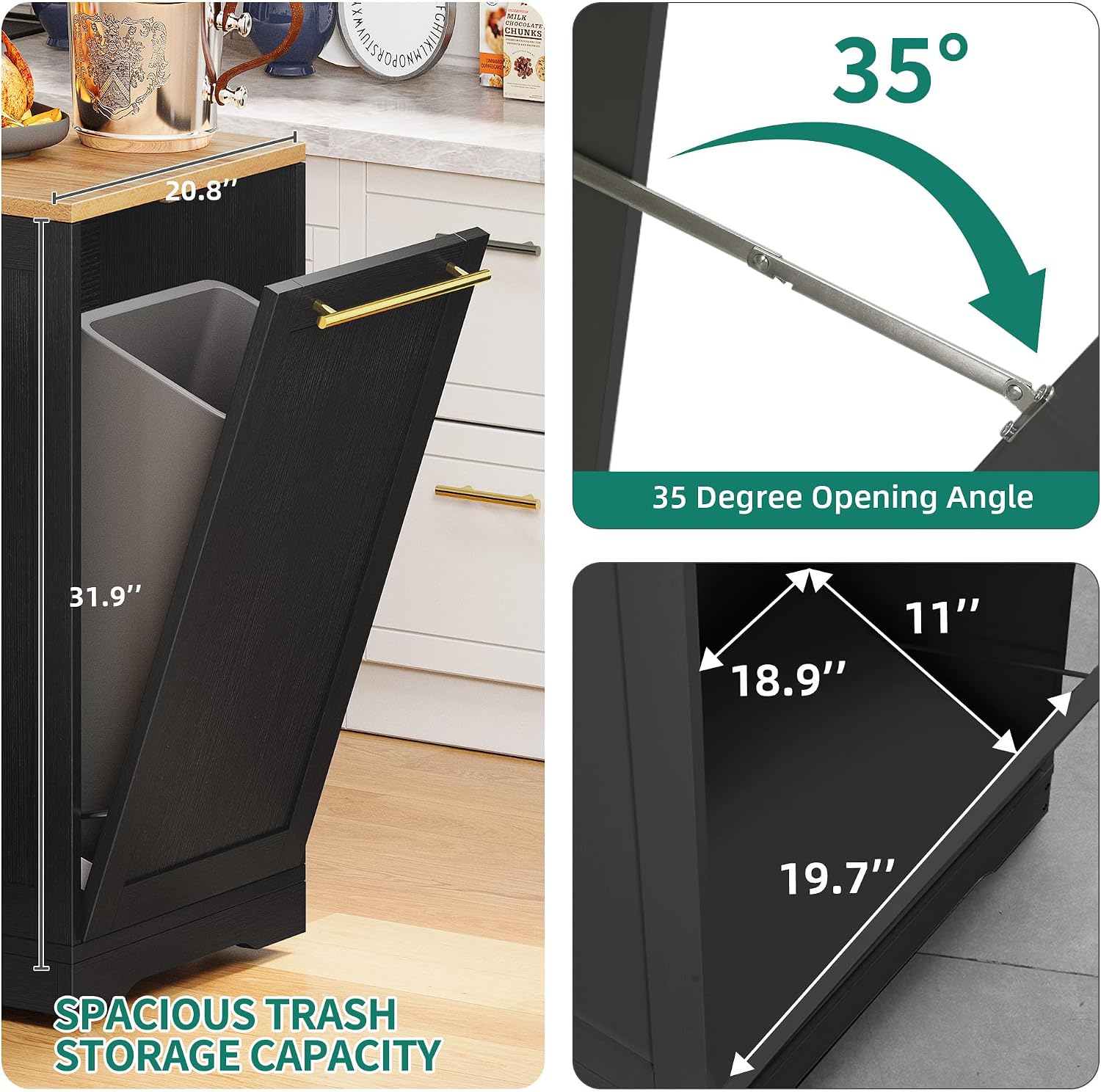 YITAHOME 53 Inch Large Rolling Kitchen Island with Trash Can Storage Cabinet, Portable Mobile Islands Table Long Floating Movable w Wheels Cabinet for 13 Gallon Garbage Bin 2 Drawer, Black