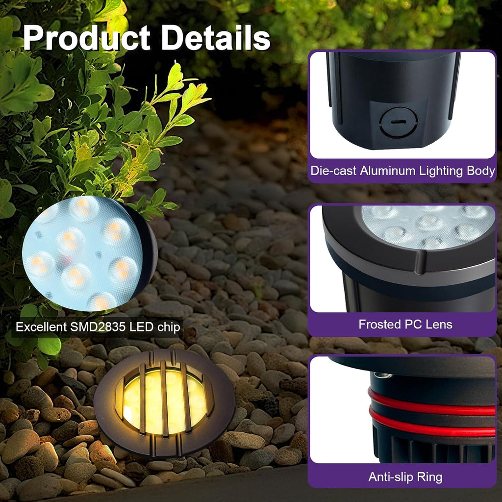 6W Well Lights, Grated Top, 3000K, 12-24V AC/DC, Outdoor In-ground Lights with Wire Connectors, IP65 Waterproof Low Voltage Lighting for Garden Fence Pathway Deck, ETL Certified, 8 Pack