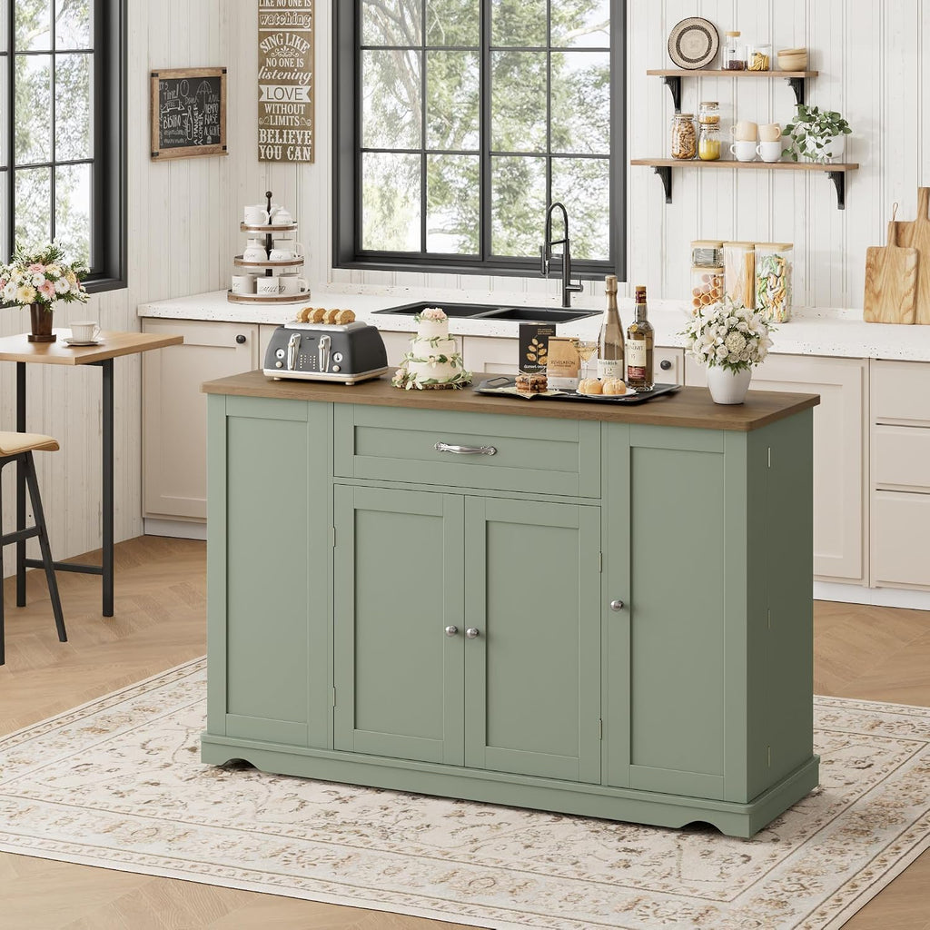 HOSTACK Kitchen Island Cart with Storage, 47'' Kitchen Storage Island on Wheels with 2 Drawers, Rolling Island Table with Adjustable Shelves, Mobile Buffet Sideboard Cabinet for Dining Room, Green