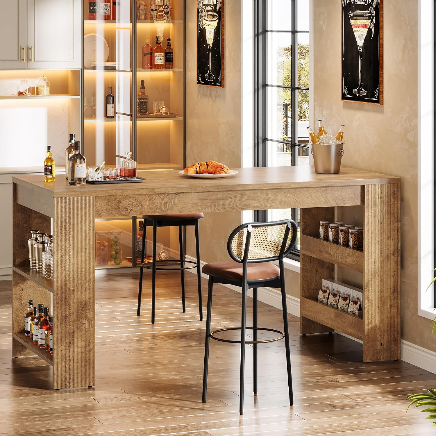 Tribesigns 63-Inch Bar Table, Farmhouse Counter Height Pub Table with Storage Shelves, High Top Bar Unit for Kitchen, Dining Room, Bistro, Natural