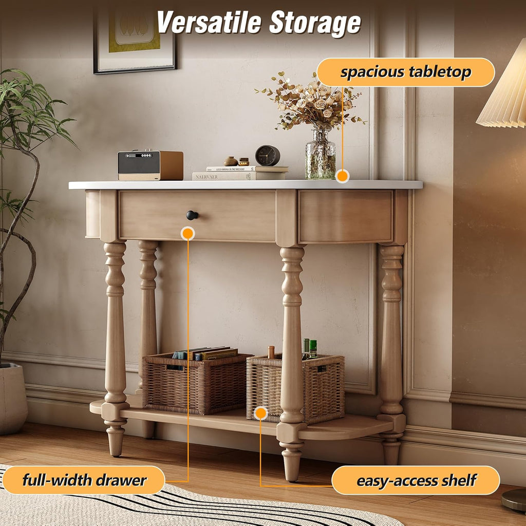 LKTART Small Corner-Curved Console Table,Farmhouse Entryway Table with Solid Wood Frame and Legs,Sofa Table with Drawer &Open Shelf for Behind Couch,Living Room,Hallway,Foyer(Beige+White 36')