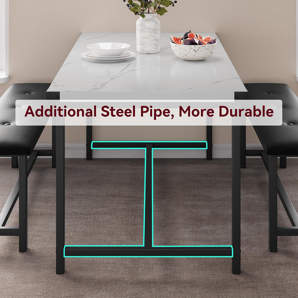 IDEALHOUSE Dining Table Set for 4, Kitchen Table with 2 Upholstered Benches, Rectangular Dining Room Table Set, 3 Piece Kitchen Table Set for Small Space, Apartment, Studio, Marble White