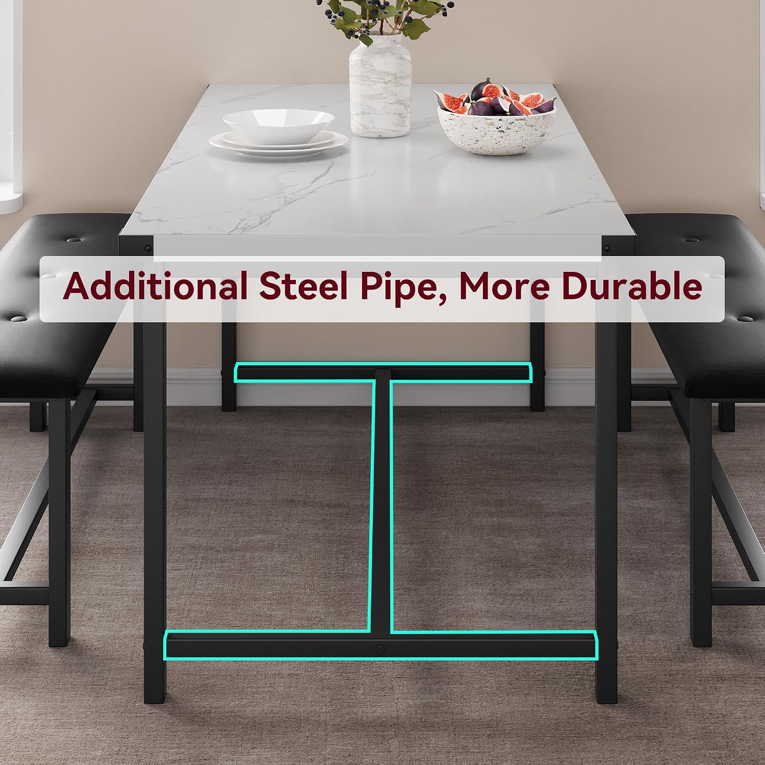 IDEALHOUSE Dining Table Set for 4, Kitchen Table with 2 Upholstered Benches, Rectangular Dining Room Table Set, 3 Piece Kitchen Table Set for Small Space, Apartment, Studio, Marble White