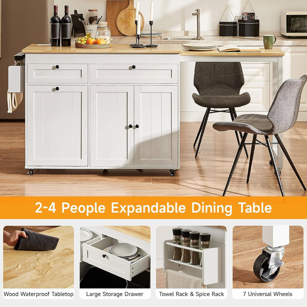ONBRILL Kitchen Islands with Extendable Dining Table, 81.7' Mobile Kitchen Storage Islands, Rolling Kitchen Cart with Trash Cabinet, Power Outlet, Spice Rack & Towel Rack (White)