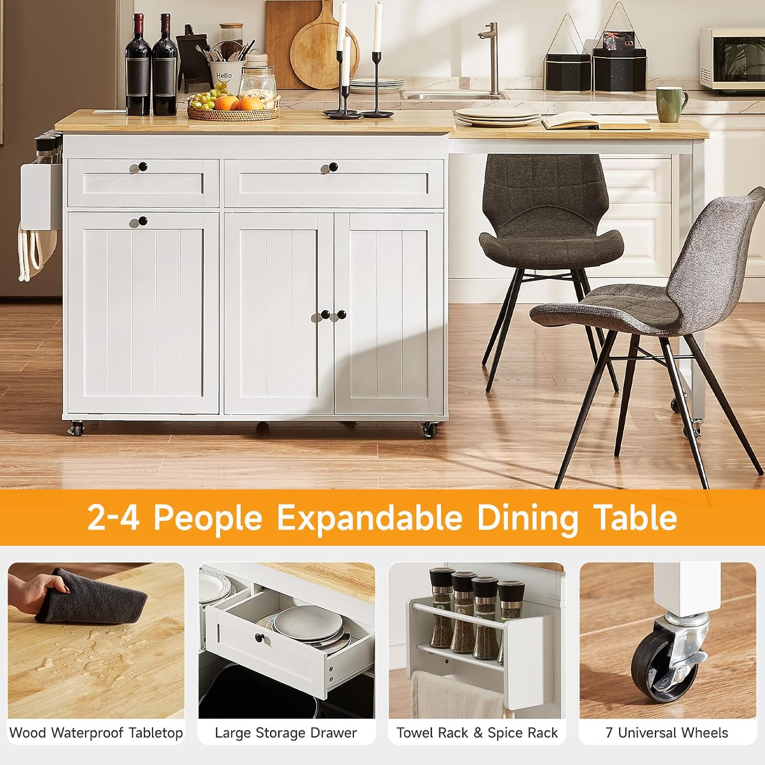 ONBRILL Kitchen Islands with Extendable Dining Table, 81.7' Mobile Kitchen Storage Islands, Rolling Kitchen Cart with Trash Cabinet, Power Outlet, Spice Rack & Towel Rack (White)