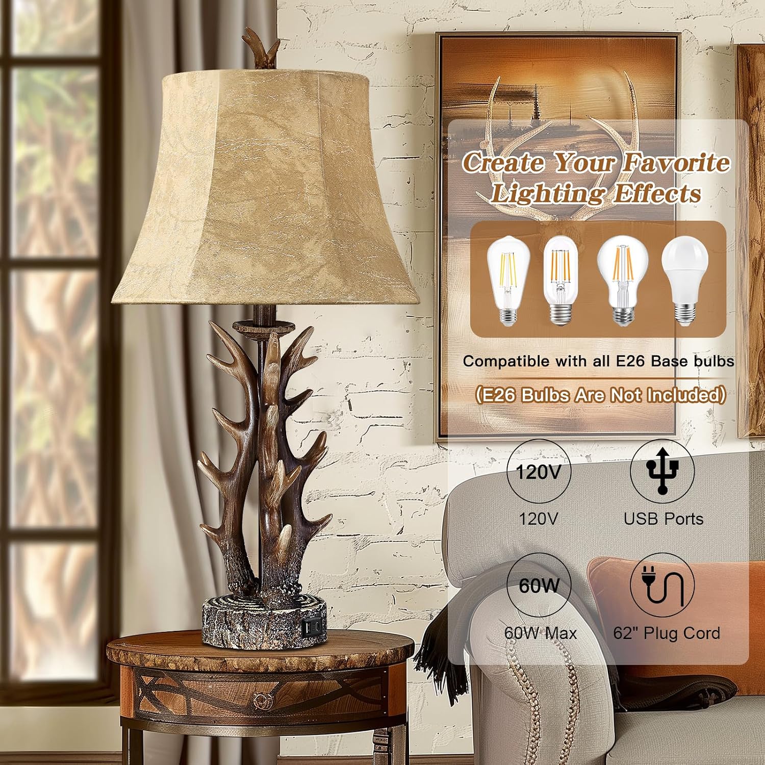 Antler Table Lamps Set of 2 with USB A+C Ports 28' Tall Rustic Farmhouse Deer Bedside Lamps with Faux Leather Bell Shade for Bedroom Living Room Office Decor Western Cabin End Table Lamp, Pull Chain