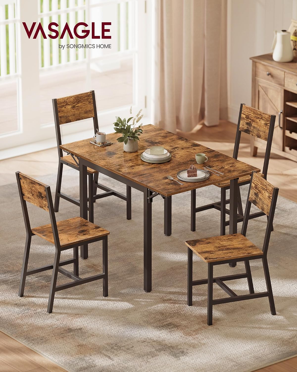 VASAGLE Extendable Dining Set, Dining Table with 4 Chairs, for Kitchen, 33.3-47.3 Inches Wide, Steel Frame, Rustic Brown and Ink Black LDC092B01V1-02