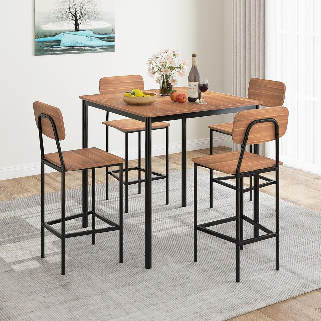 Giantex 5-Piece Dining Table Set W/Counter Height Table & 4 Bar Stools, Industrial Kitchen Dining Table Set W/Footrest & Backrest, Space-Saving Dinette Set for Pub, Dining Room, Restaurant (Teak)