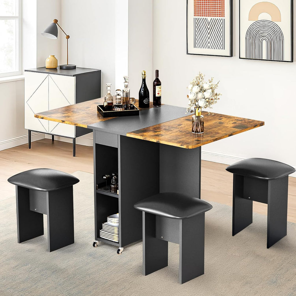 AWQM Foldable Dining Table Set for 4,Folding Dining Table with 4 Leather Chairs & Storage,Drop Leaf Dinner Table with 6 Wheels,Folding Kitchen Table and Chairs Set for Small Spaces,Walnut