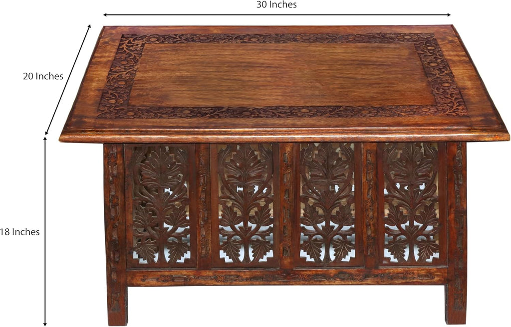 COTTON CRAFT Solid Wood Coffee Table – Hand Carved Center Table with Foldable Legs – Decorative Table for Living Room Small Spaces Entryway Bedroom - No Tools Assembly - 30 x 20 x 18 - Antique Brown