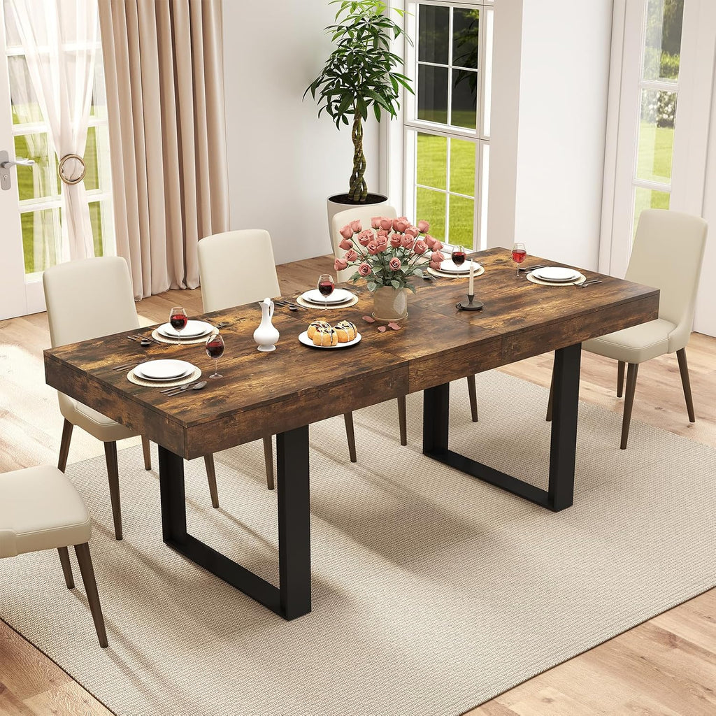 Zevemomo 63'-78.7' Rectangular Extendable Dining Table, 6-8 Extendable Dining Table, Conference Table, Kitchen Table with Slide Track, Tapered U-Shaped Wood Legs for Office, Living Room-Rustic Brown
