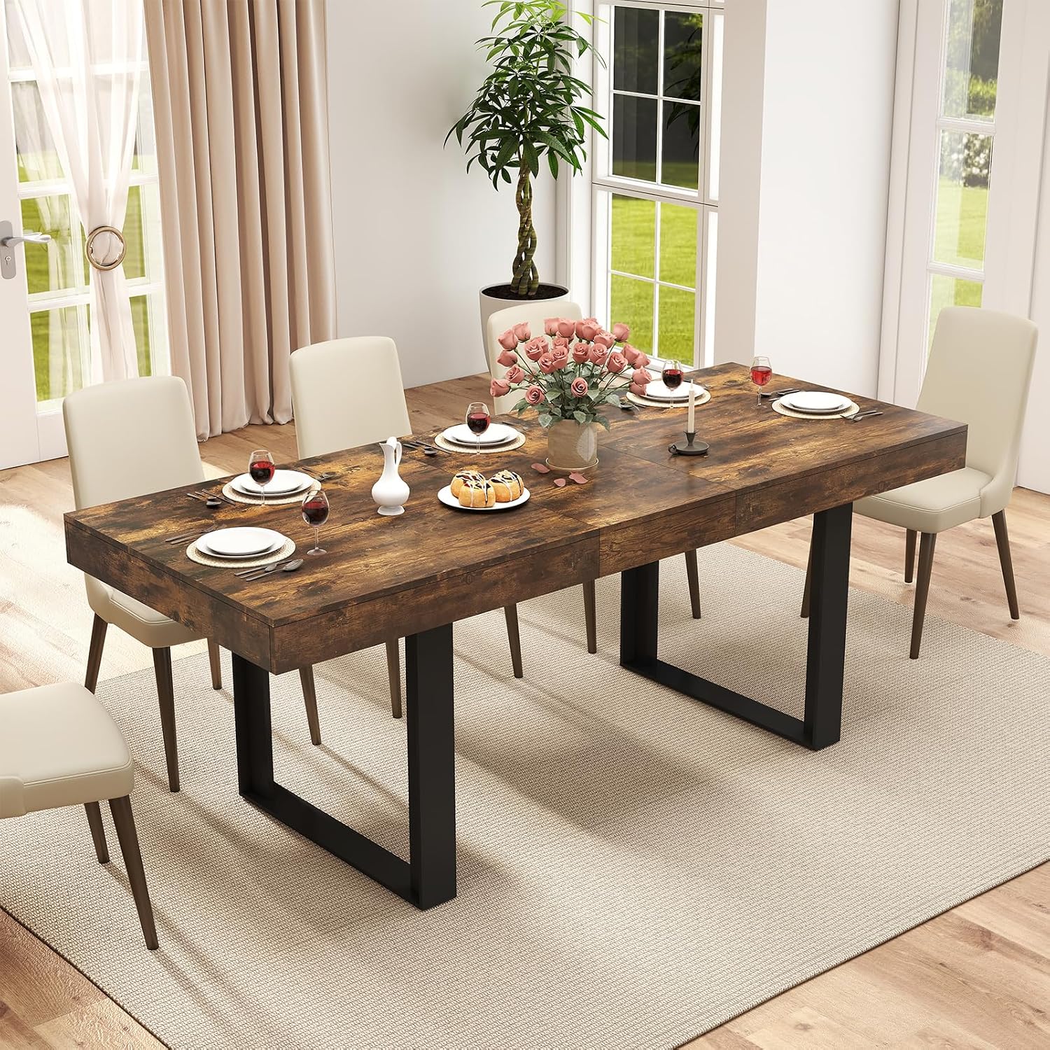 Zevemomo 63'-78.7' Rectangular Extendable Dining Table, 6-8 Extendable Dining Table, Conference Table, Kitchen Table with Slide Track, Tapered U-Shaped Wood Legs for Office, Living Room-Rustic Brown