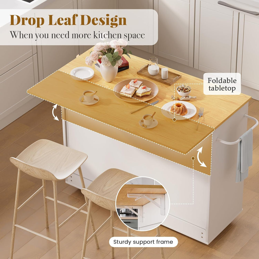 GRUSIGN Kitchen Island on Wheels with Storage-Multifunctional Kitchen Island Cart with Drop Leaf, Rolling Island with Spice/Towel Rack,Expandable Island Table Kitchen,39.37' Width,White