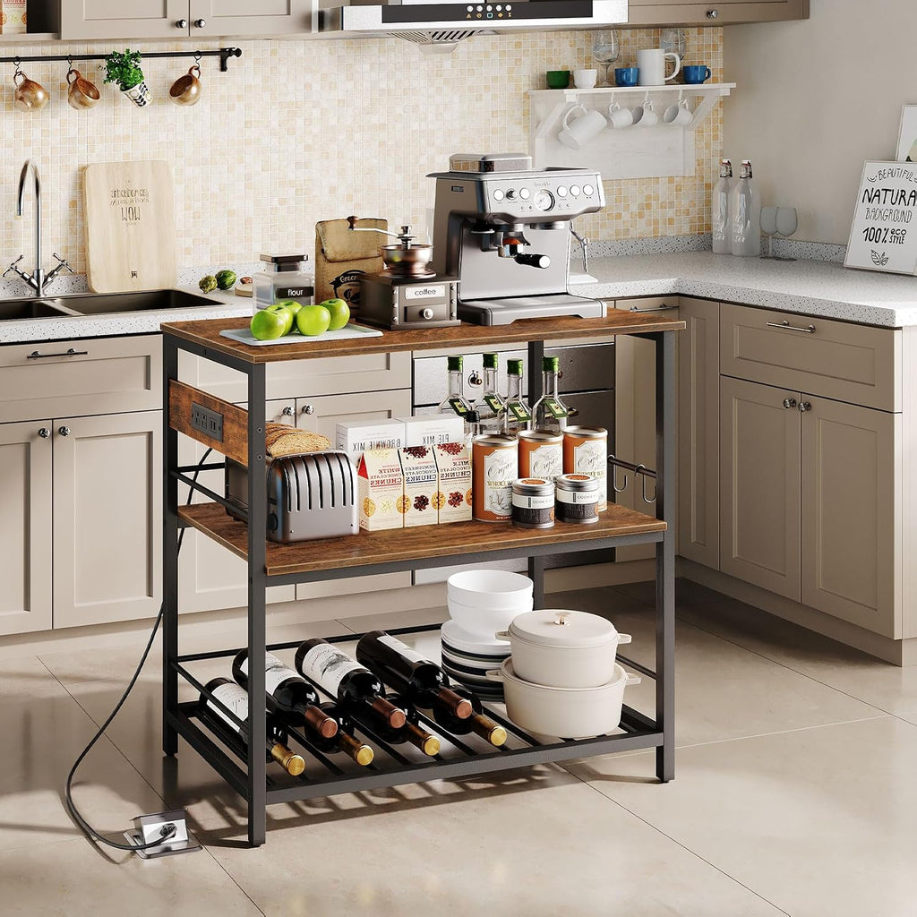 HOOBRO Kitchen Island with Storage, Kitchen Island Table with Power Outlet, 47.2' L 3 Tier Kitchen Counter and Microwave Stand, for Home, Kitchen and Dining Room, Rustic Brown and Black BF120UZD01