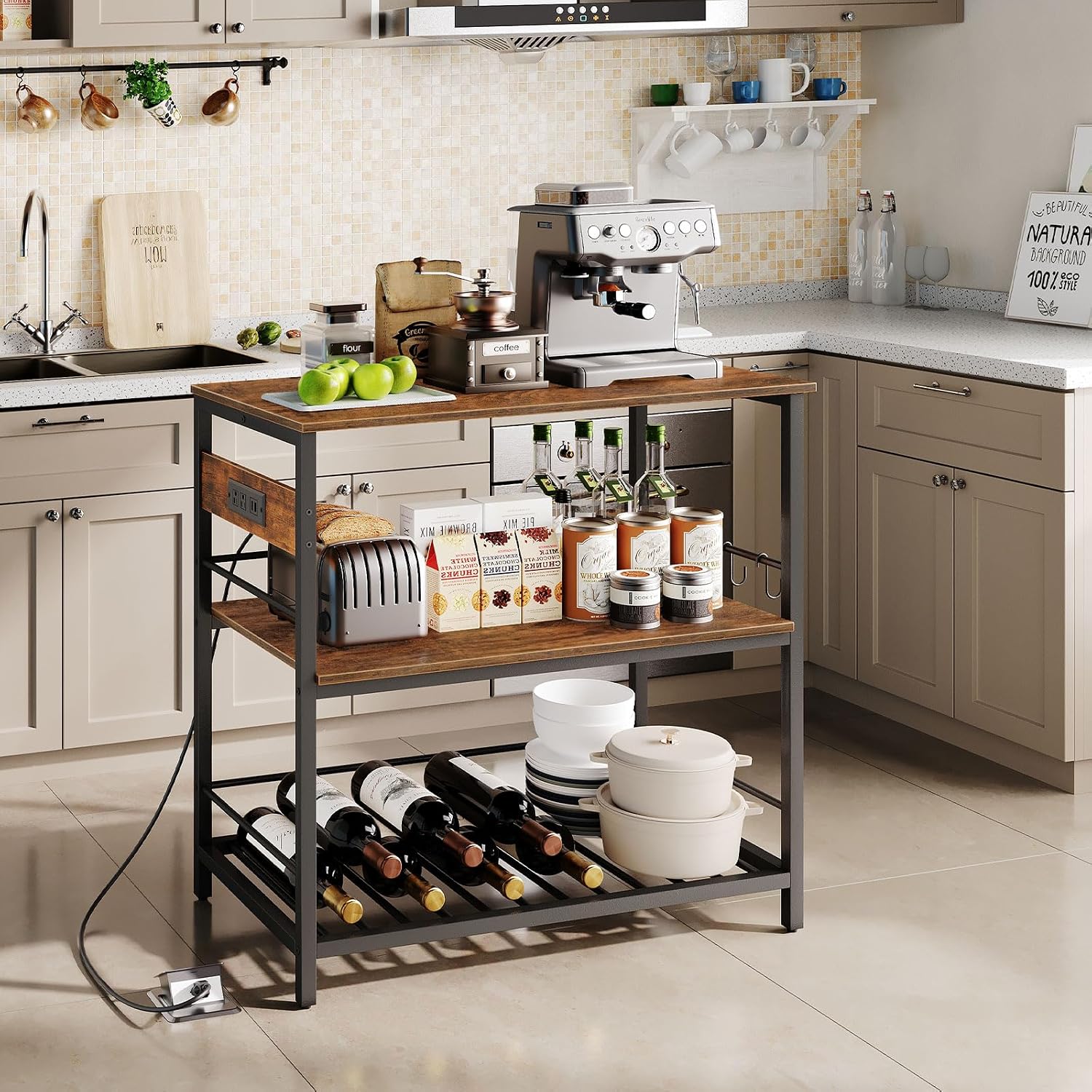 HOOBRO Kitchen Island with Storage, Kitchen Island Table with Power Outlet, 47.2' L 3 Tier Kitchen Counter and Microwave Stand, for Home, Kitchen and Dining Room, Rustic Brown and Black BF120UZD01