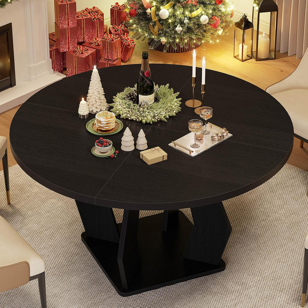 IBF Black Round Dining Table for 4-6, 47 Inch Kitchen Table with Spacious Tabletop Modern Circle Dining Table, Wood Dinner Table Pedestal Base for Dining Room, Kitchen,Living Room,Office