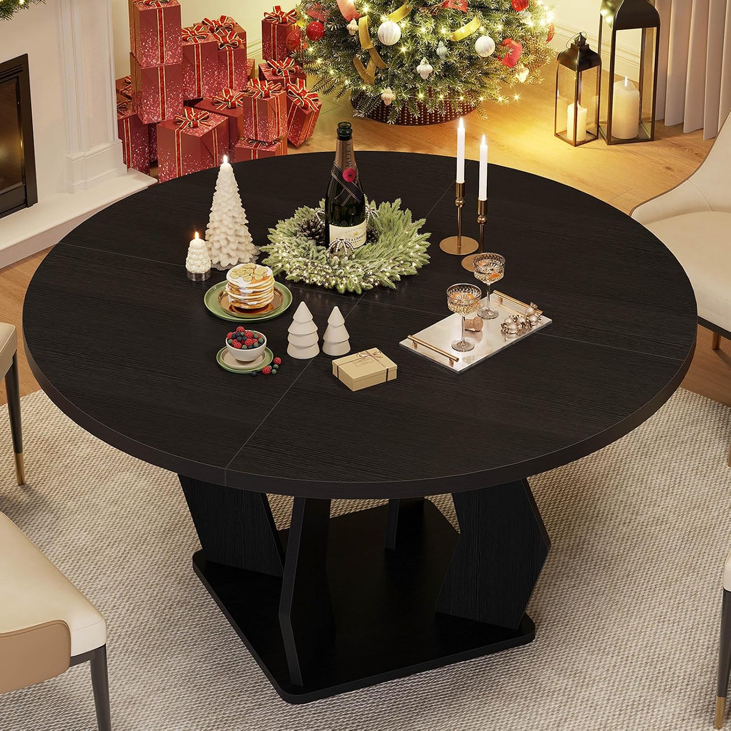 IBF Black Round Dining Table for 4-6, 47 Inch Kitchen Table with Spacious Tabletop Modern Circle Dining Table, Wood Dinner Table Pedestal Base for Dining Room, Kitchen,Living Room,Office