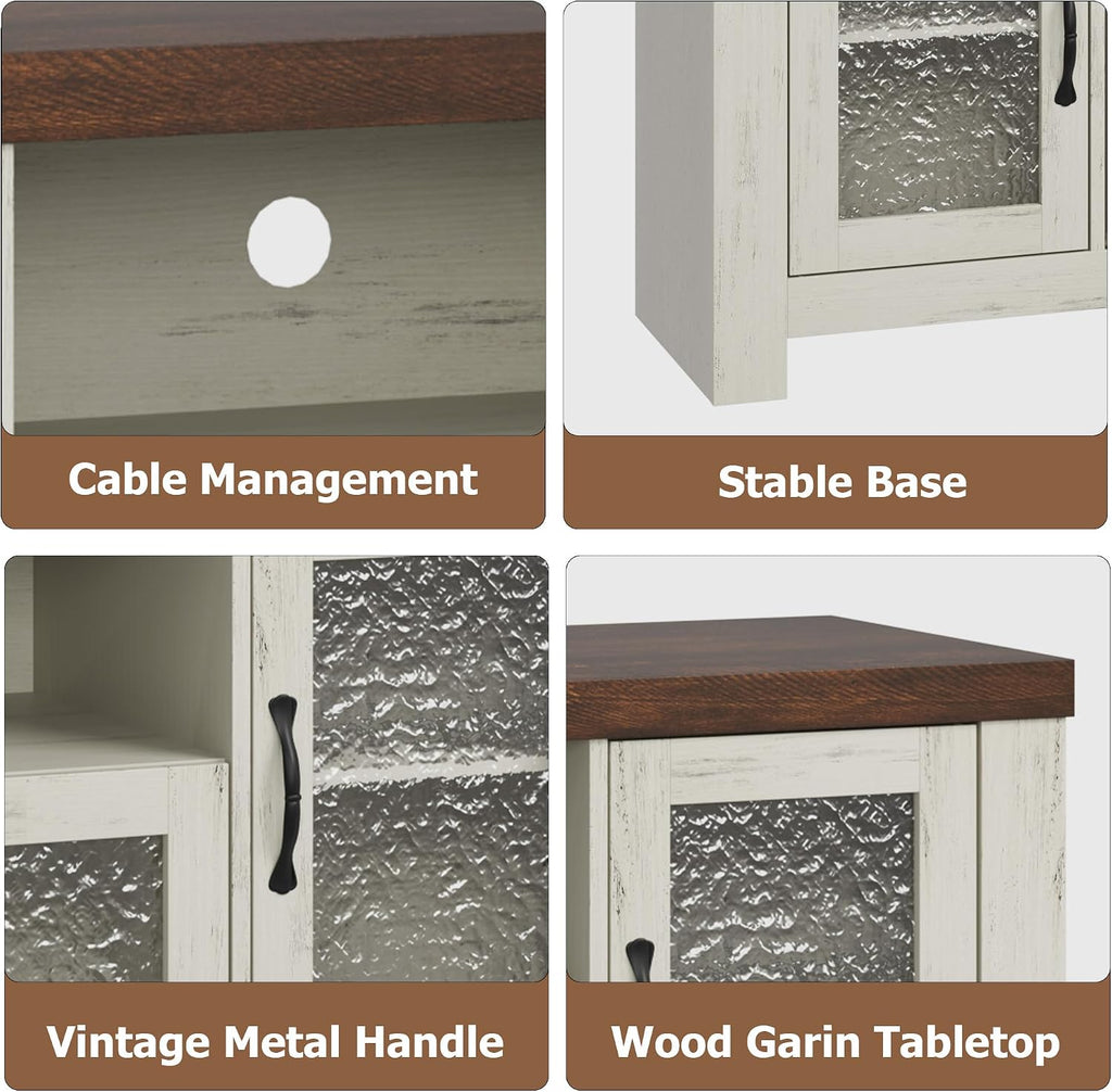 IDEALHOUSE TV Stand for 65 Inch TV, Farmhouse Entertainment Center with Acrylic Door Storage Cabinet & Adjustable Shelves, TV Console Table for Living Room Bedroom, White & Brown
