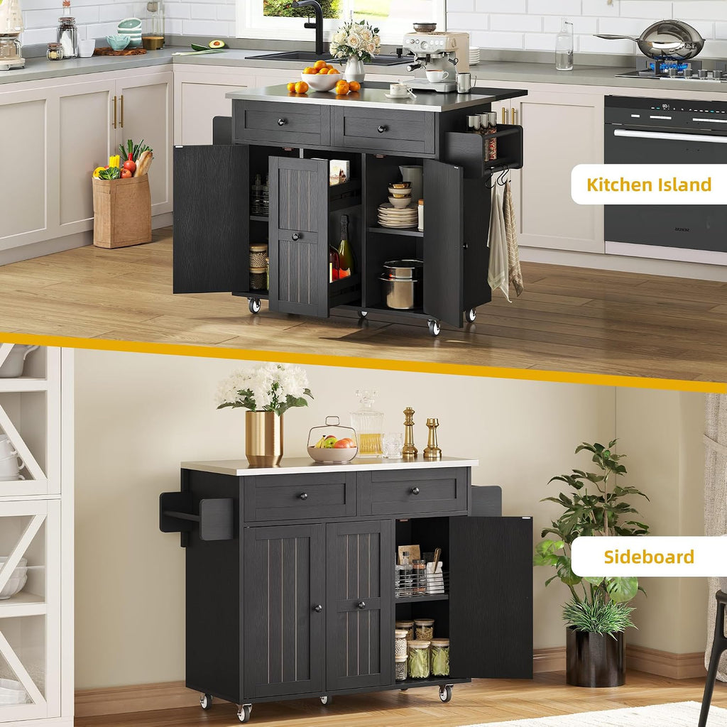 DWVO Kitchen Island on Wheels, Mobile Kitchen Island Cart with Folding Drop Leaf Breakfast Bar, Island Table for Kitchen with Large Storage Cabinets, Racks, Drawers and Adjustable Shelves, Black