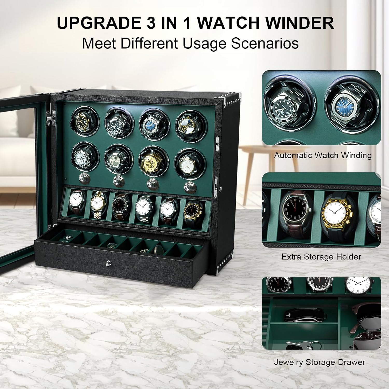 DUKWIN Watch Winder for 4/6/8 Automatic Watches, Lockable Winders with Watch Holders and Jewelry Storage, Super Quiet Motor with High-Gloss Finish, Built-in Illumination