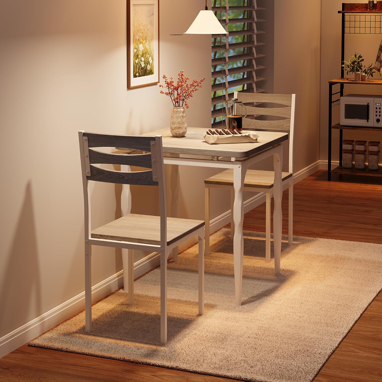 GarveeHome Dining Table Set for 2, Dining Table and Chairs Set of 2, 3 Piece Dining Table Set with Spiral Table Legs for Small Spaces Kitchen Apartment, Wash Grey