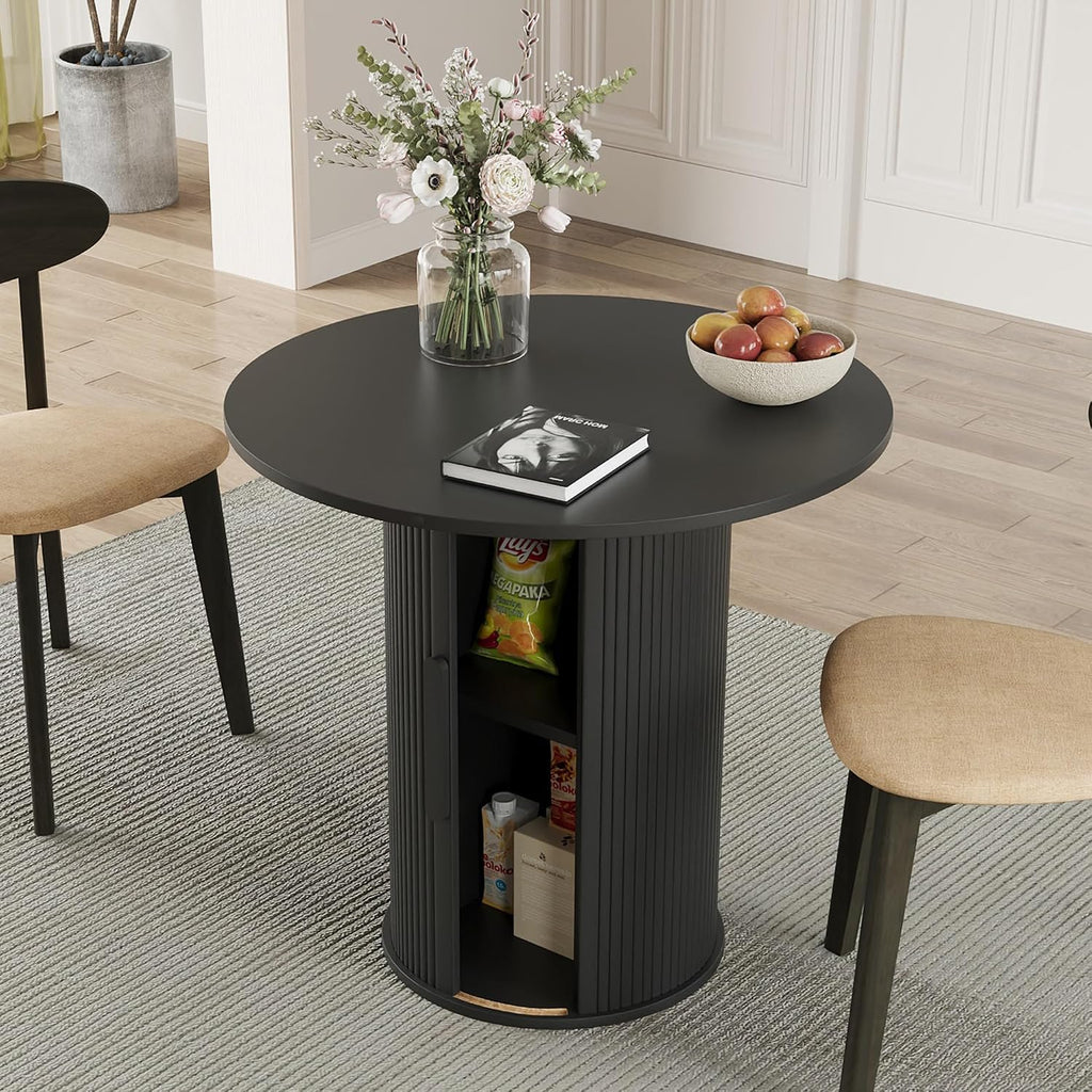 31.5' Round Dining Table for 2-4, Modern Kitchen Table with 2-Tier Storage Shelf, Small Wooden Circle Dining Tables with Fluted Base for Home Dining Room Living Room (Black)