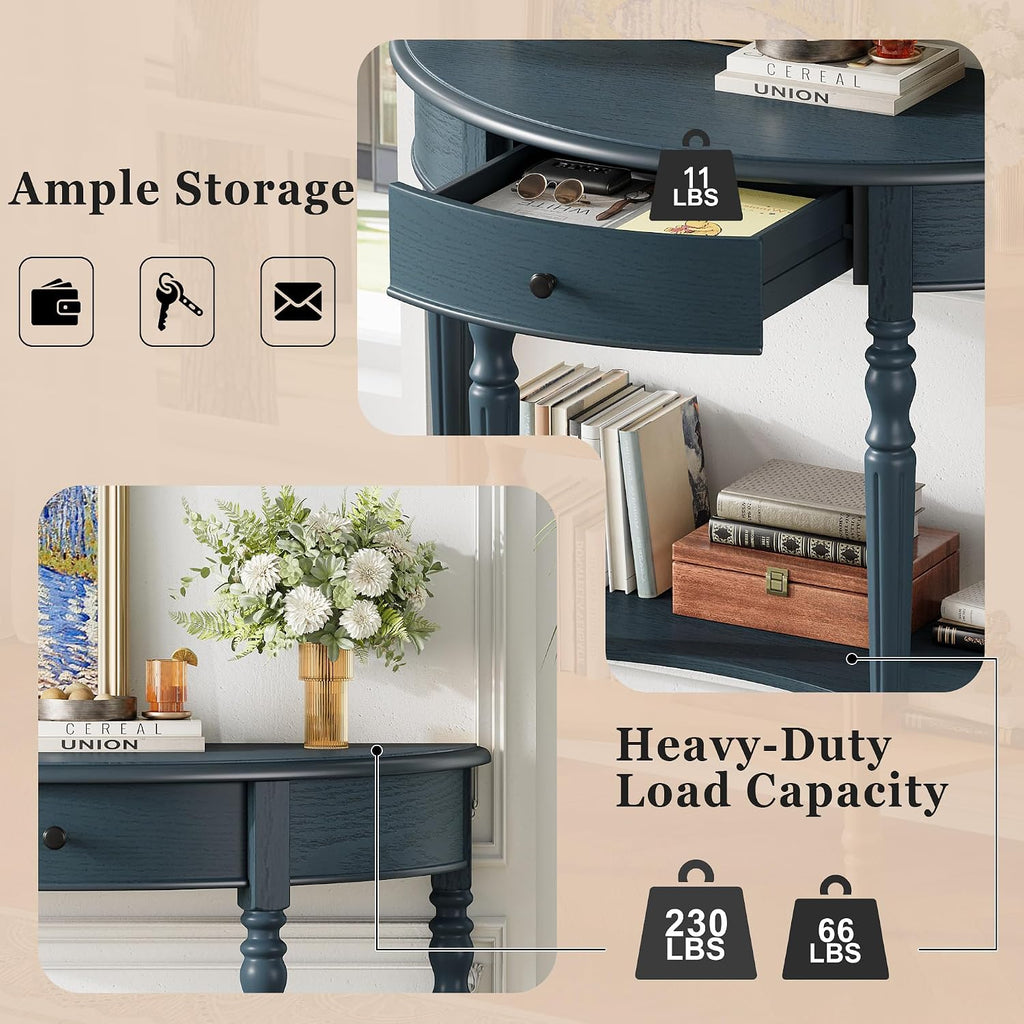 LKTART Farmhouse Half Moon Console Table with Solid Pinewood Frame & Legs,Modern Entryway Sofa Table for Behind Couch,Living Room,Hallway,Foyer (Navy,39')
