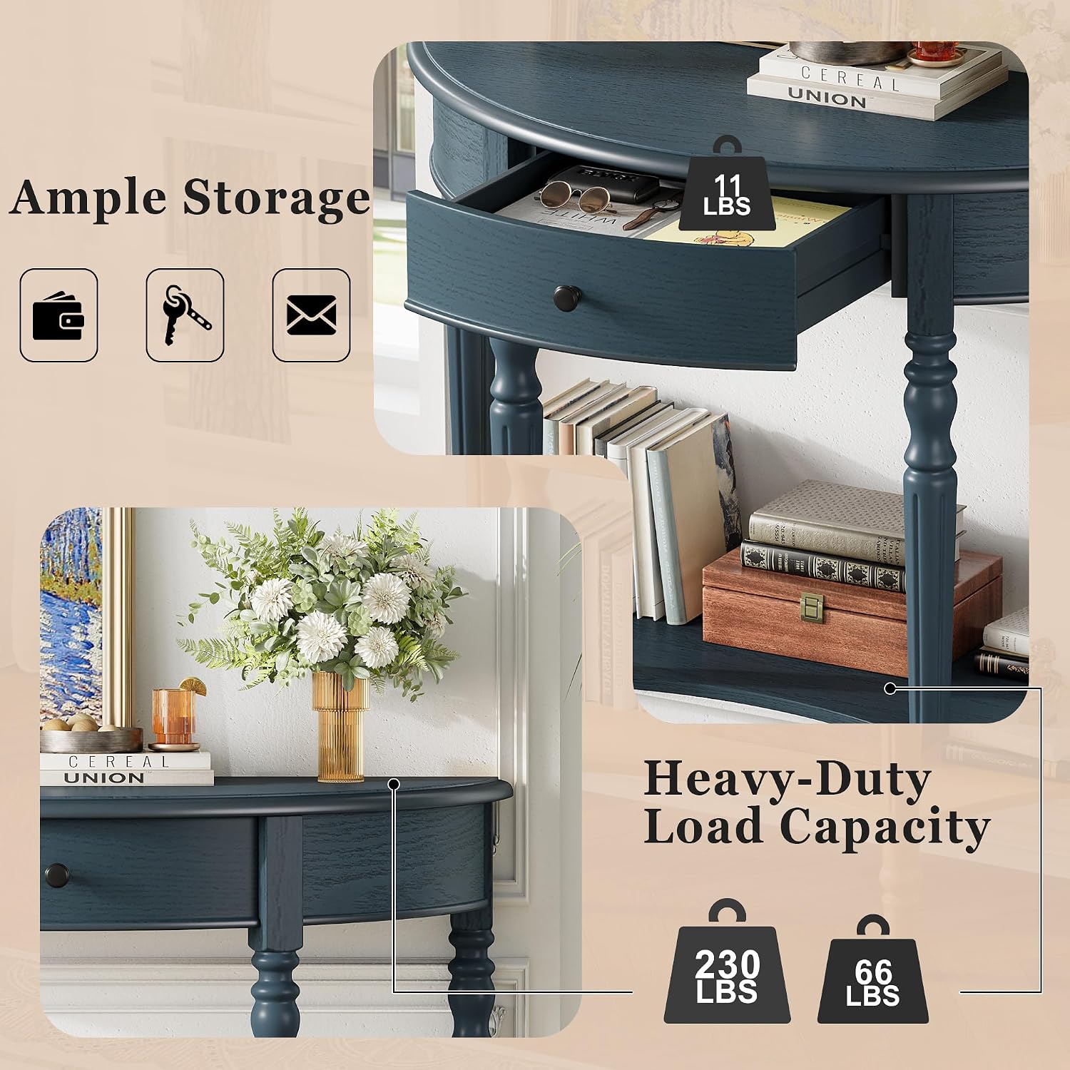 LKTART Farmhouse Half Moon Console Table with Solid Pinewood Frame & Legs,Modern Entryway Sofa Table for Behind Couch,Living Room,Hallway,Foyer (Navy,39')