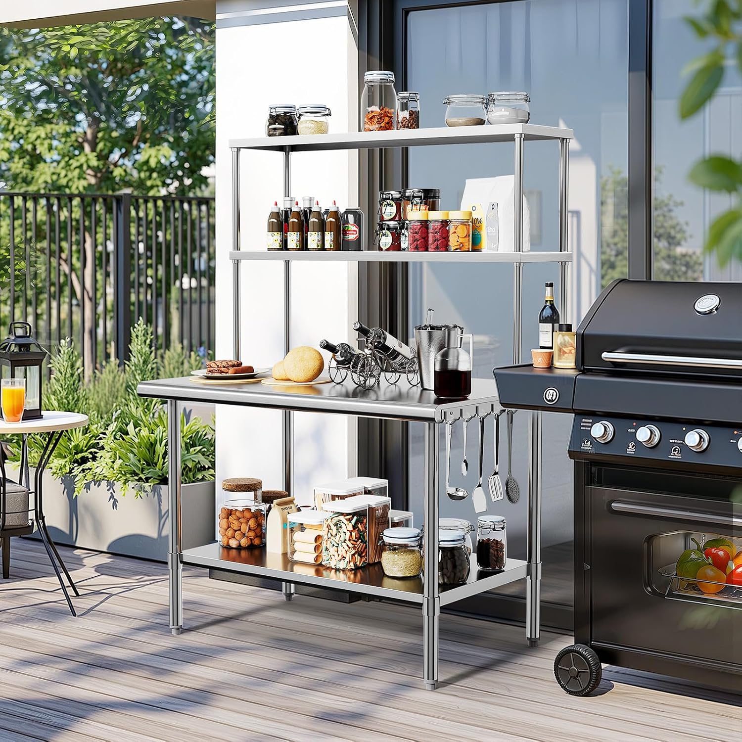 ROVSUN All Stainless Steel Table with Overshelves 48' X 30', NSF Commercial Heavy Duty Pre Table with Adjustable Undershelf & Detachable Hooks for Kitchen Restaurant Hotel Garages
