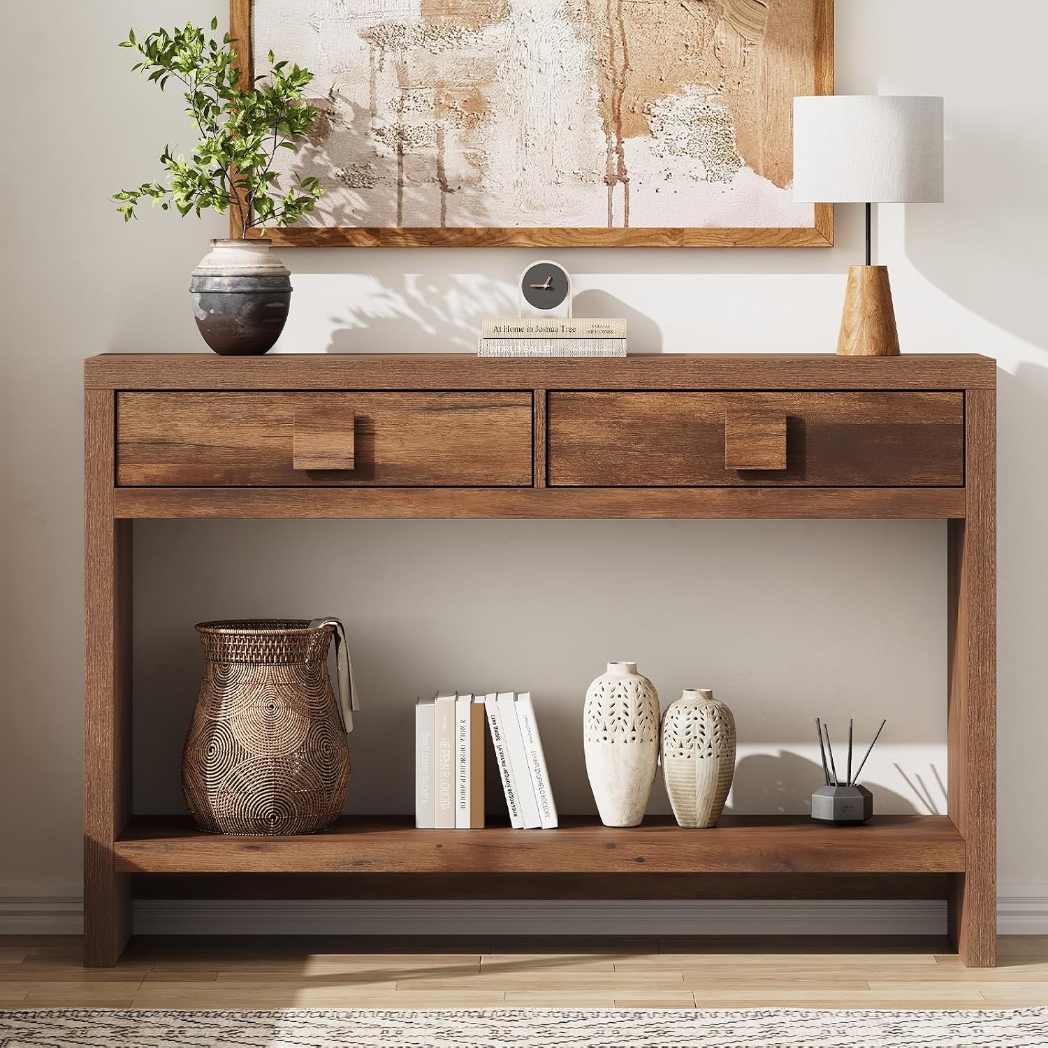 ONBRILL Console Table with Drawers, 47 Inch Narrow Entryway Table with Open Storage Shelves, Mid Century Modern Hallway Accent Tables Behind Couch Table for Living Room (Vintage Brown)