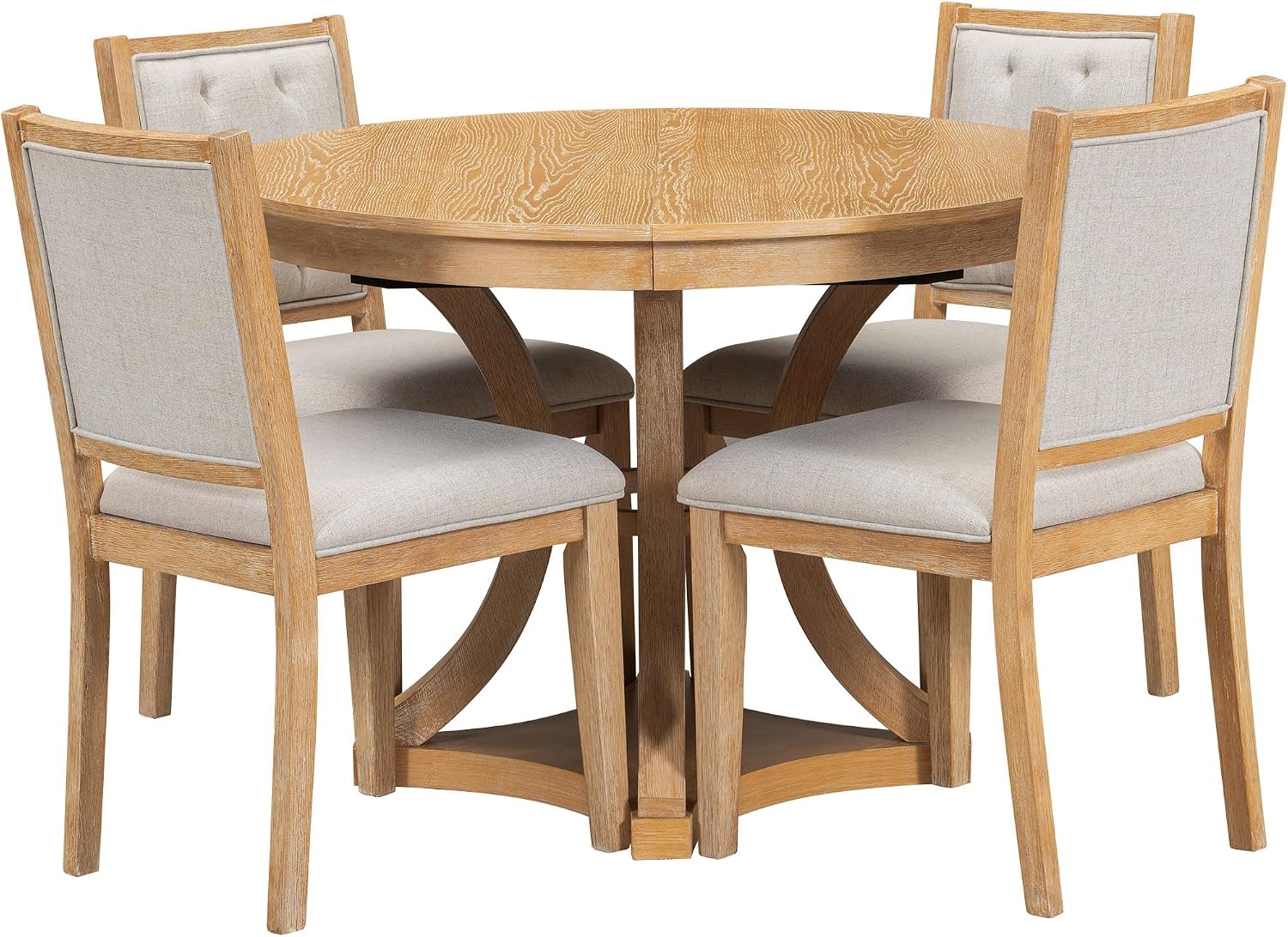 Bellemave Extendable Dining Table Set for 4, 5-Piece Retro Round Table Set with 4 Upholstered Chairs, Round Table with a 16' W Leaf, Oval Kitchen Table Set with Extendable Table (Natural)
