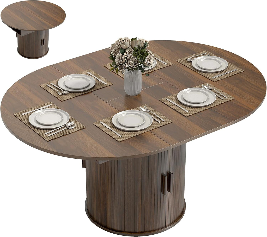 HOMCOM 43.3' to 59' Extendable Round Dining Table for 4-6, Farmhouse Transformer Dining Room Table with Removable Leaves, Circle Kitchen Table with Sliding Doors, Kitchen, Living Room, Walnut