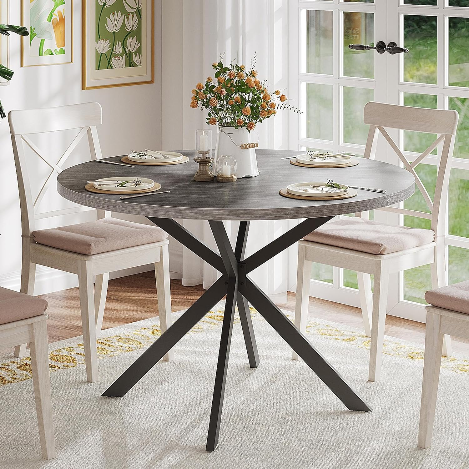 ChooChoo 47.2 Inch Round Dining Table for 4, Farmhouse Wood Kitchen Table, Circle Dinner Table for Kitchen & Dining Room, Grey
