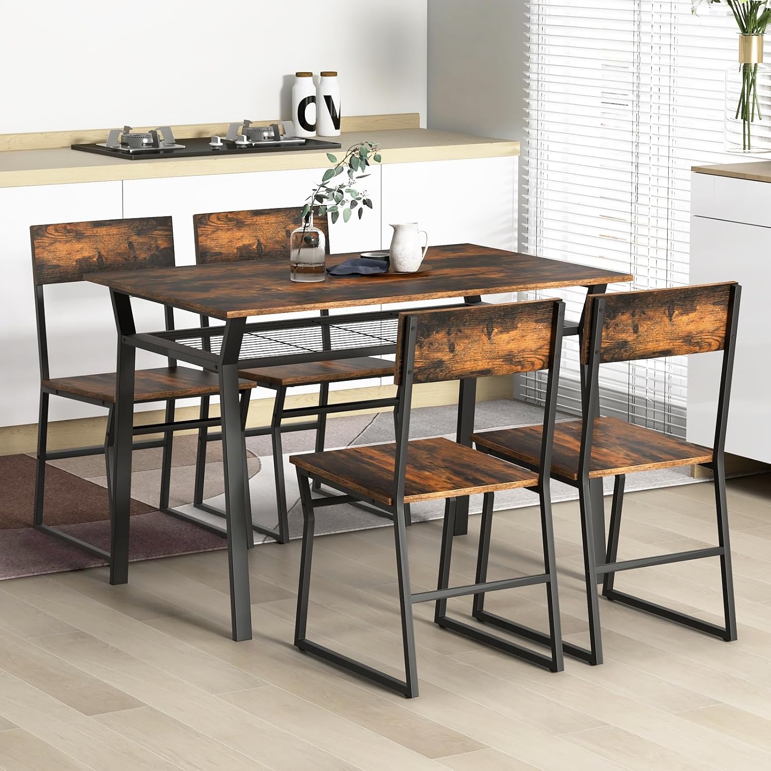 Giantex Dining Table Set for 4, 47'L x 28'W Rectangular Kitchen Table w/ 4 Trapezoid Chairs, Reinforced Metal Frame & Storage Rack, Industrial Space-Saving Dinette Set for Kitchen Dining Room (Brown)