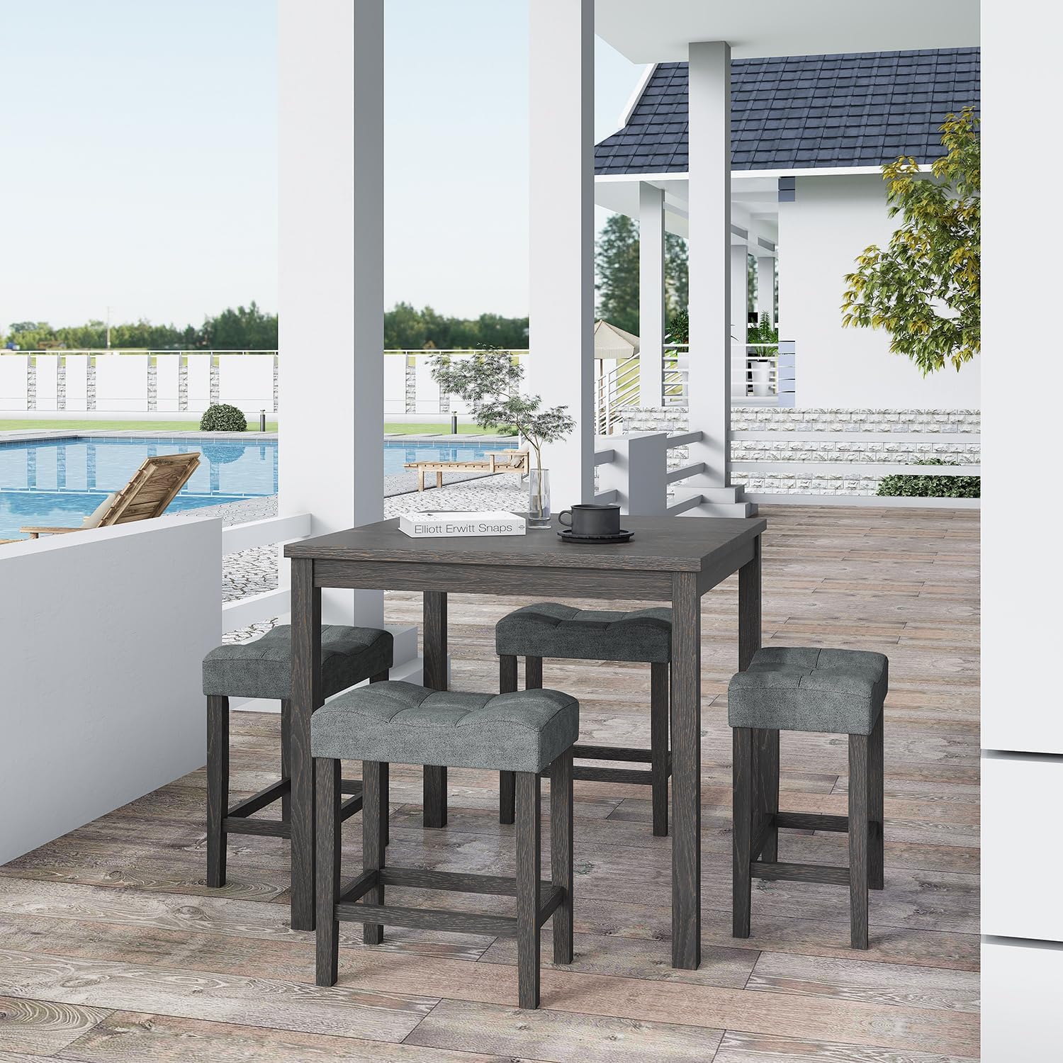 allamazing 5-Piece Counter Dinner Height Table Set, Indoor Modern Rectangular Dining Table Furniture Set for Kitchen, 35 inch Dining Table with 4 stools (1+4 Black)