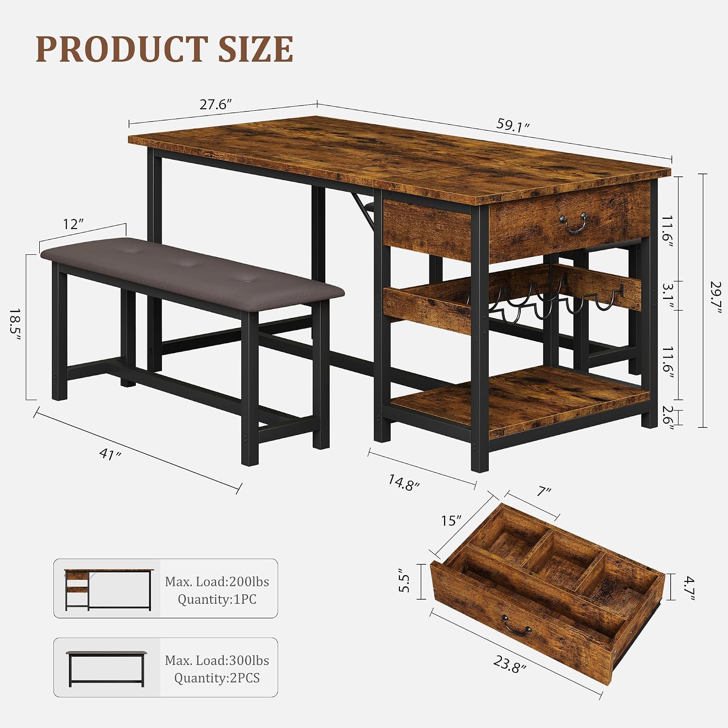 GarveeHome Dining Table Set for 4, Kitchen Dining Table Set with Upholstered Benches, Kitchen Dining Room Table with Storage Drawers & Wine Rack for Small Space, Rustic Brown